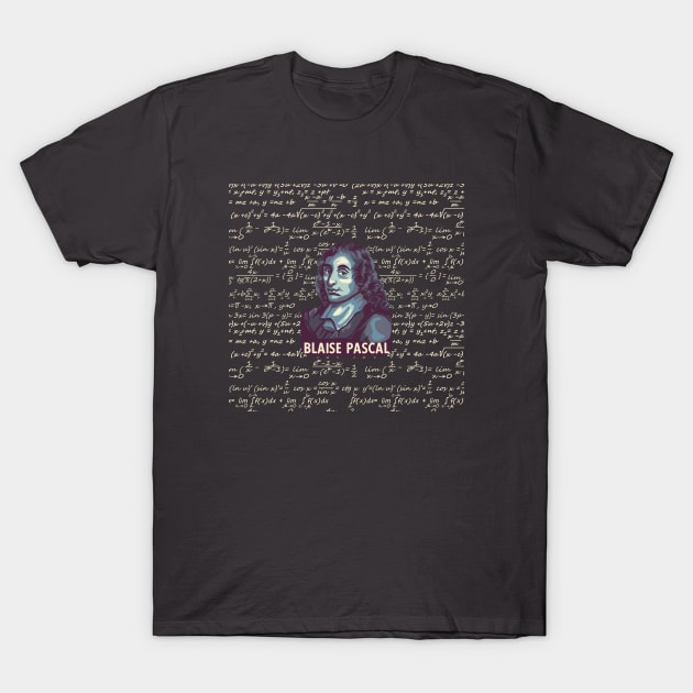 Blaise Pascal Portrait With Mathematics T-Shirt by Slightly Unhinged